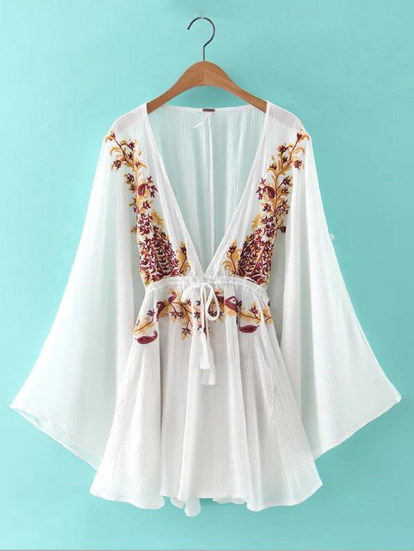 Shein White Deep V Neck Embroidered Tie Waist Dress