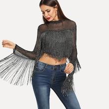 Shein Fringe Embellished Sheer Glitter Crop Tee