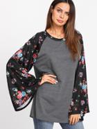 Shein Heather Knit T-shirt With Floral Raglan Sleeve