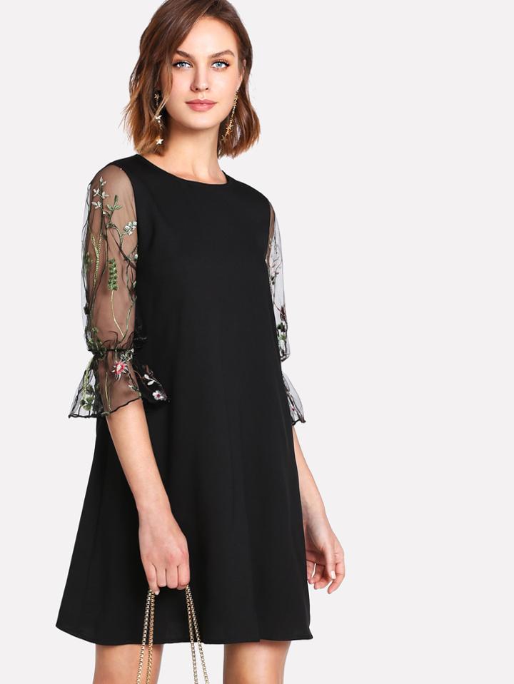 Shein Botanical Embroidery Mesh Flounce Sleeve Dress