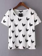 Shein White Black Short Sleeve Cock Print T-shirt