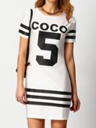 Shein White Crew Neck Coco 5 Print Striped Dress