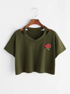 Shein Rose Patch Cut Out Neck Crop Tee