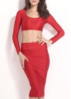 Rosewe Catching Round Neck Long Sleeve Two Pieces Dress Red