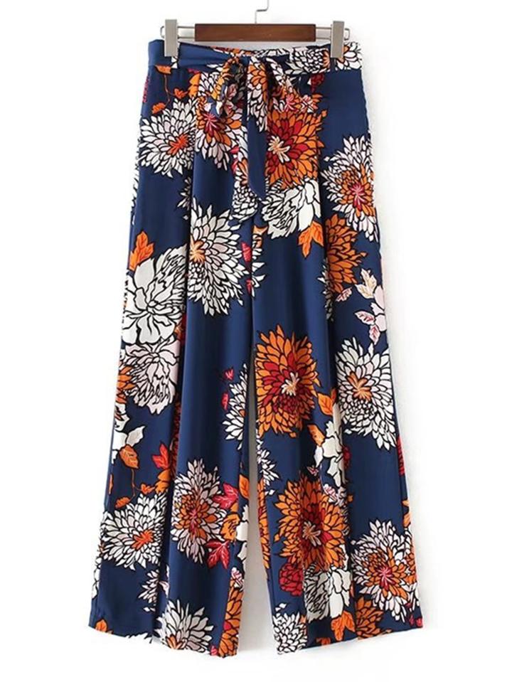 Shein Pleated Detail Self Tie Flower Palazzo Pants