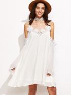 Shein White Embroidered Lace Trim Cold Shoulder Dress