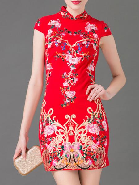 Shein Red Collar Embroidered Sheath Dress