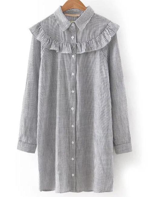 Shein Grey Lapel Stripe Ruffle Button Blouse