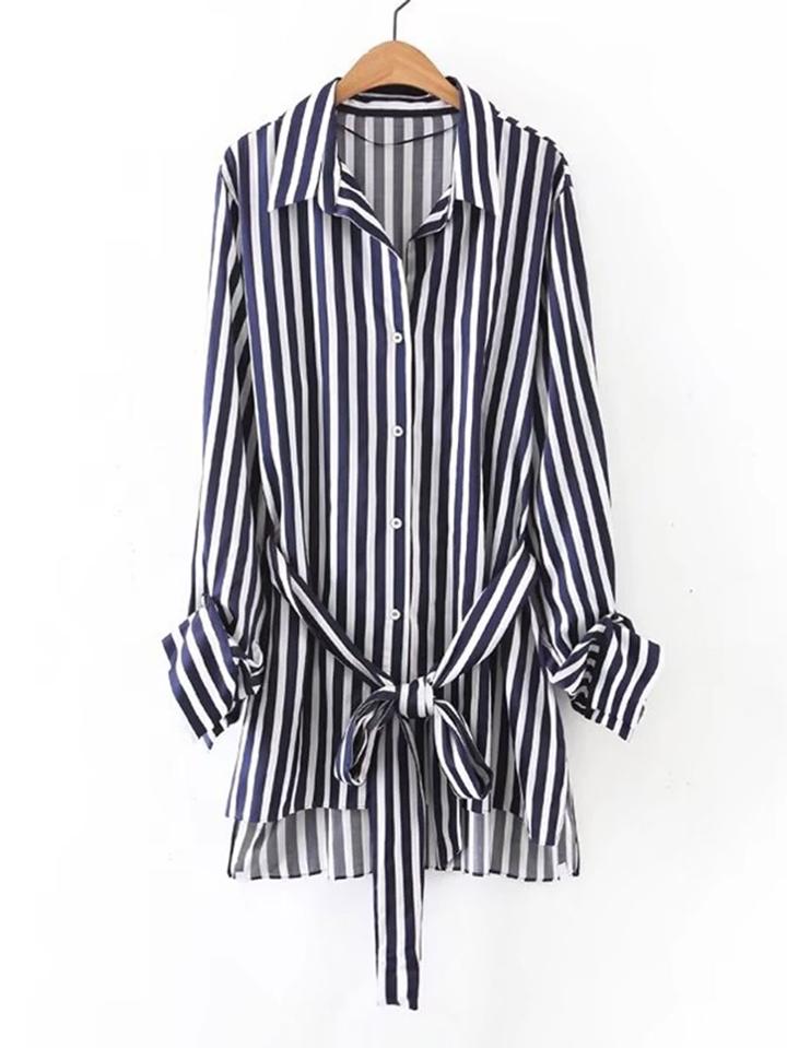 Shein Vertical Striped Tie Waist High Low Shirt Dress