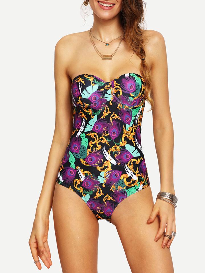 Shein Peacock Feather Print Bandeau One-piece Swimwear