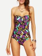 Shein Peacock Feather Print Bandeau One-piece Swimwear
