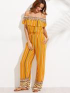 Shein Multicolor Striped Print Pocket Ruffle Off The Shoulder Jumpsuit