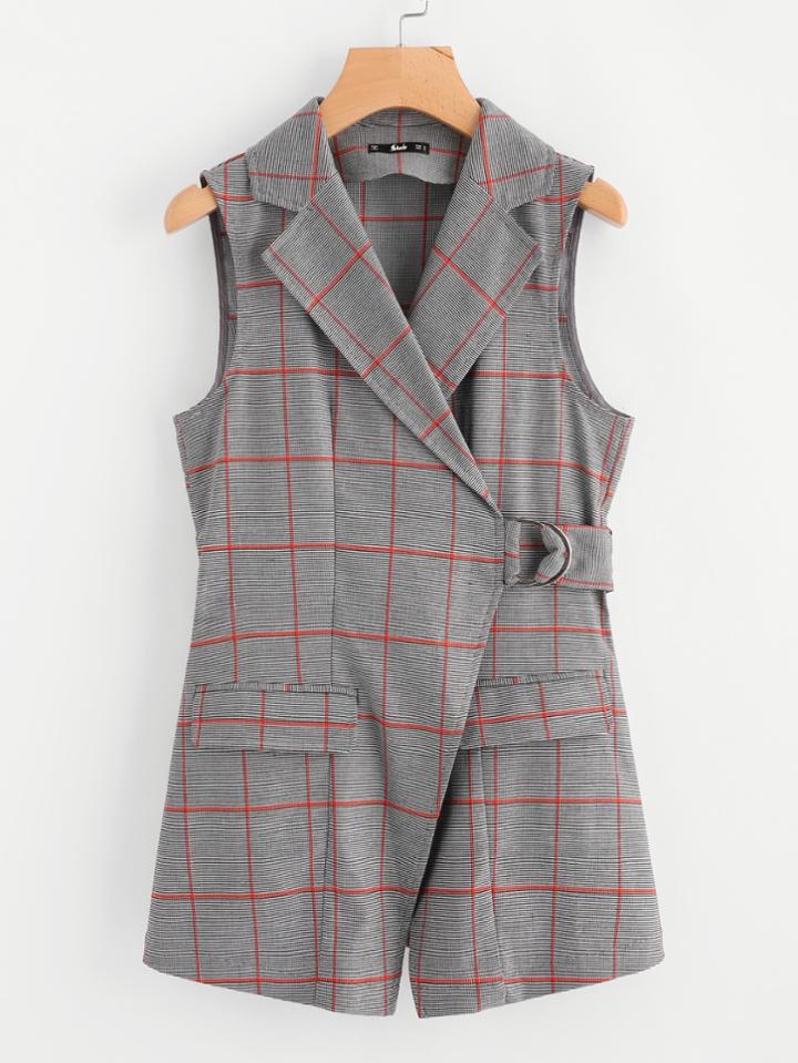 Shein Notch Collar Belted Checkered Wrap Blazer