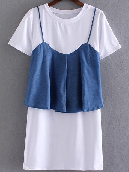 Shein White Denim Spaghetti Strap Faux Two Piece Dress