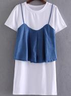 Shein White Denim Spaghetti Strap Faux Two Piece Dress