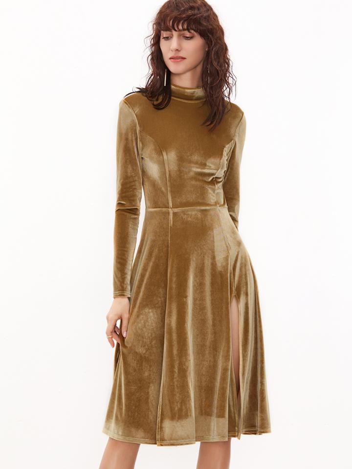 Shein Mustard Mock Neck Slit Front Open Back Velvet Dress