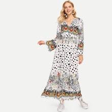 Shein Floral Polka Dot Ruched Waist Dress