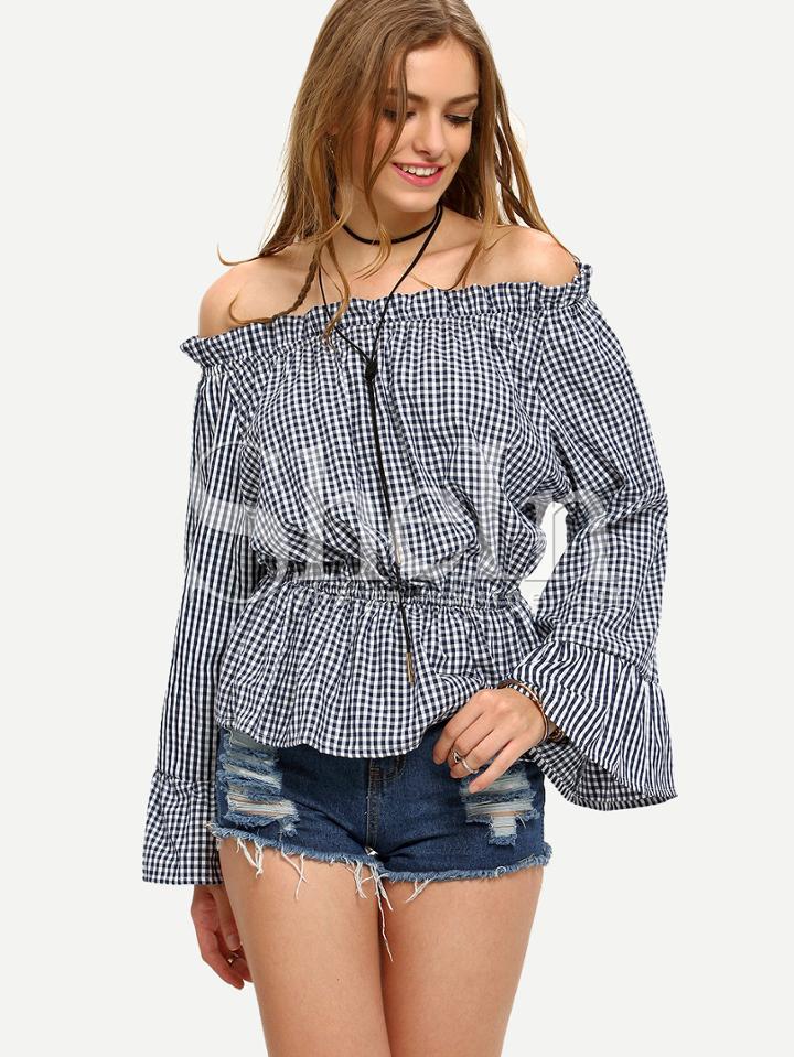 Shein Black Off The Shoulder Bell Long Sleeve Blouse