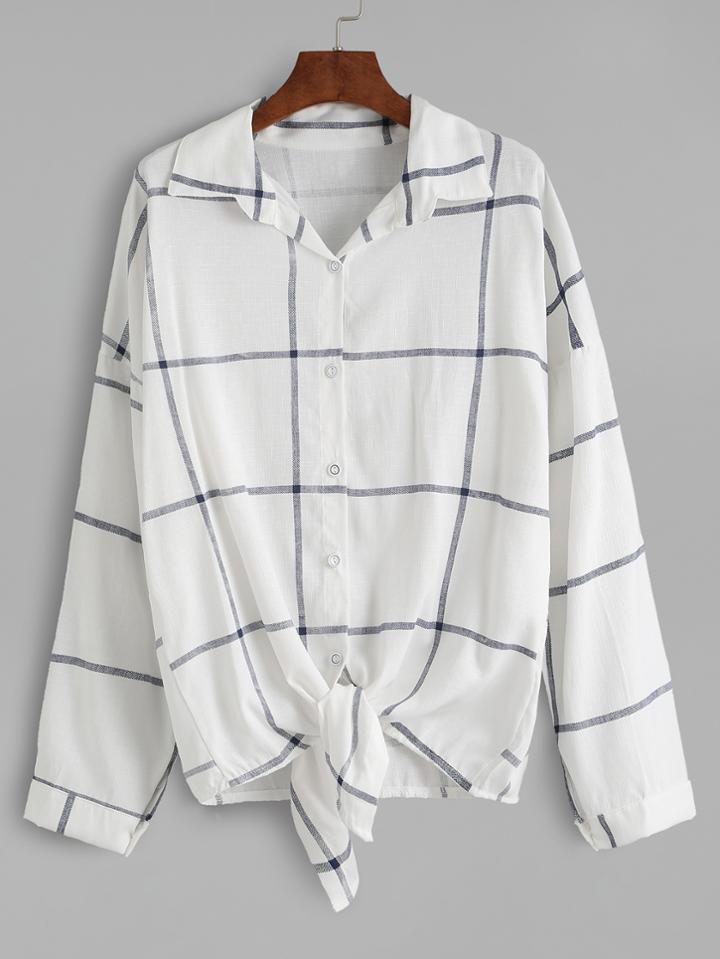 Shein Grid Buttons Front Knot Blouse