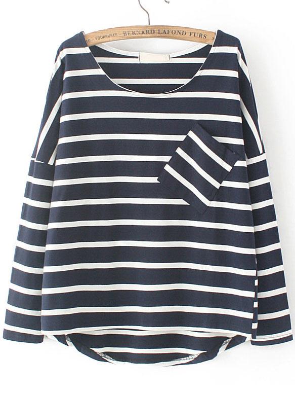Shein Black Dropped Shoulder Seam Striped Dip Hem Pocket T-shirt