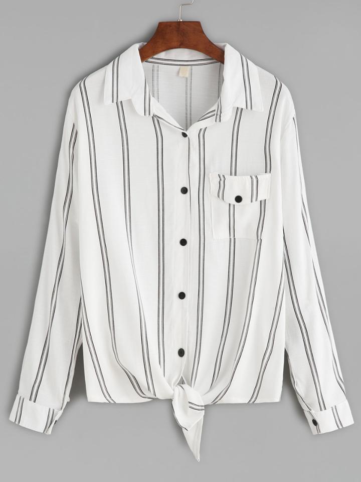 Shein White Vertical Striped Roll Tab Sleeve Tie Front Shirt