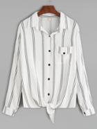 Shein White Vertical Striped Roll Tab Sleeve Tie Front Shirt