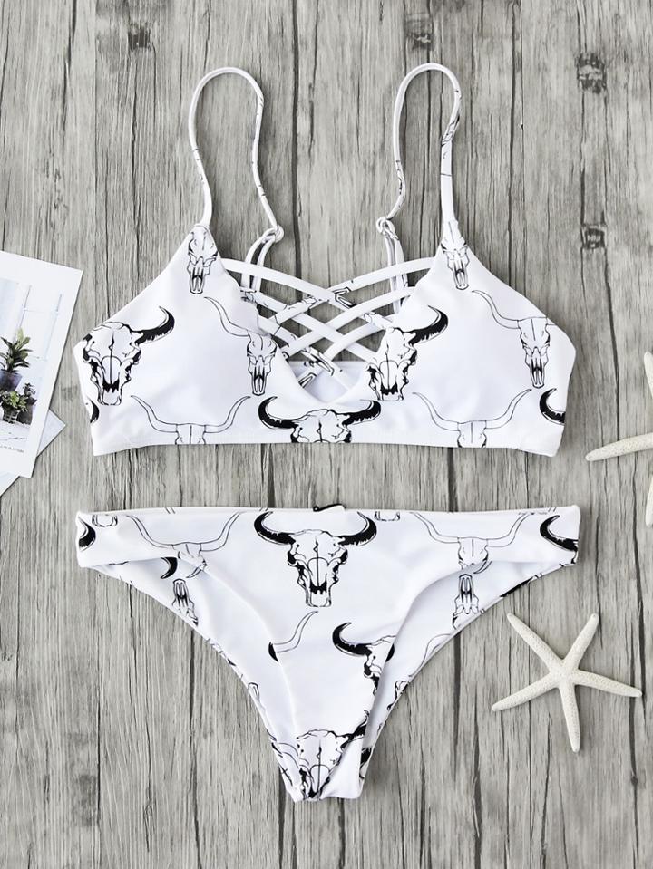 Shein Bull Print Lattice Front Bikini Set