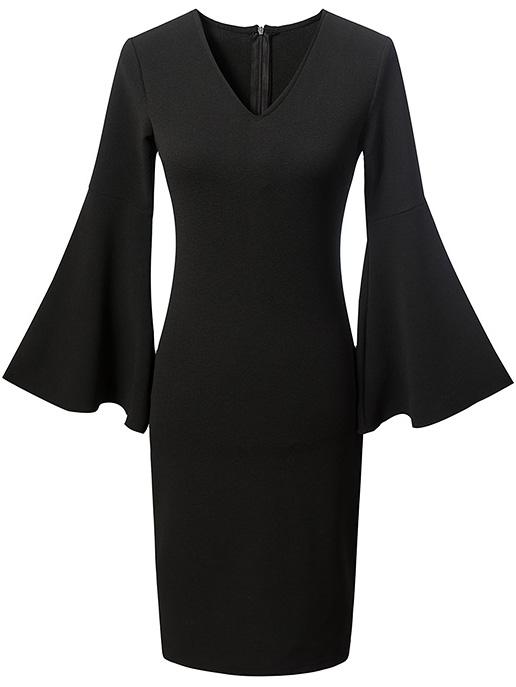 Shein Black V Neck Zipper Back Bell Sleeve Dress