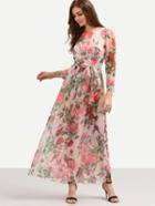Shein Self-tie Rose Print Long Sleeve Chiffon Dress - Pink