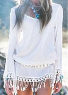 Rosewe Long Sleeve Tassels Decorated White Dress