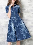 Shein Blue Lapel Denim A-line Dress