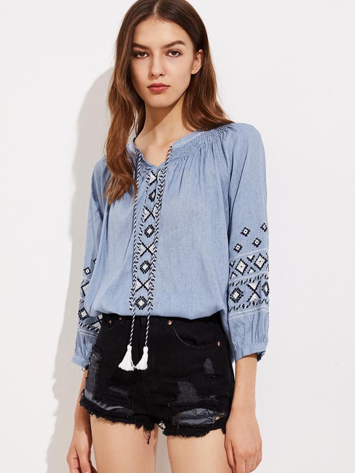 Shein Aztec Embroidery Tassel Tie Blouse