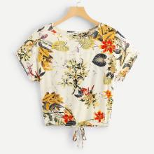 Shein Floral Print Drawstring Hem Tee