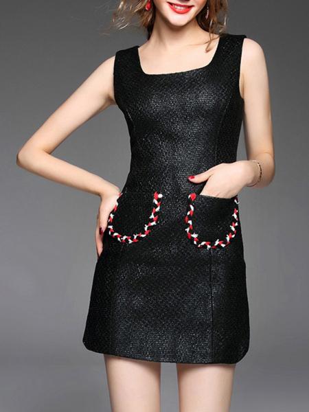 Shein Black Boat Neck Pockets Sheath Dress