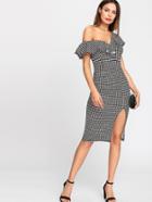 Shein Asymmetrical Flounce Neck Slit Front Gingham Dress