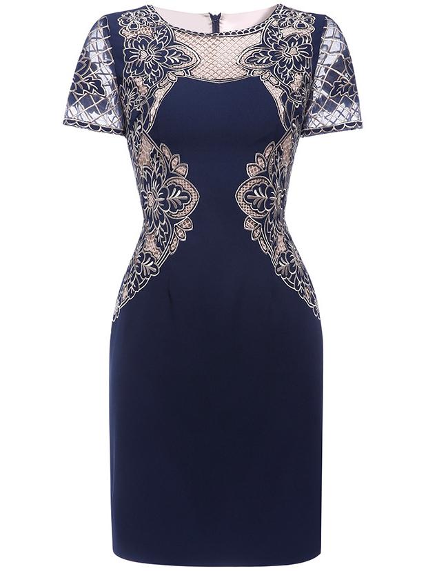 Shein Navy Sheer Gauze Embroidered Sheath Dress