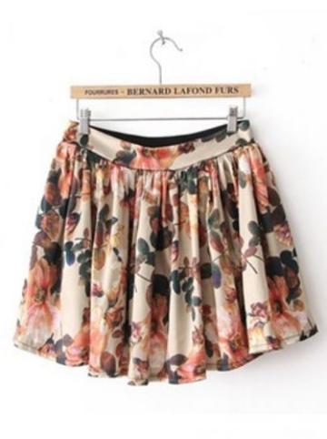 Shein Beige High Waist Floral Pleated Skirt