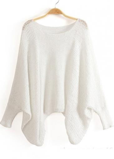 Rosewe Women White Round Neck Batwing Sleeve Pullover Sweaters