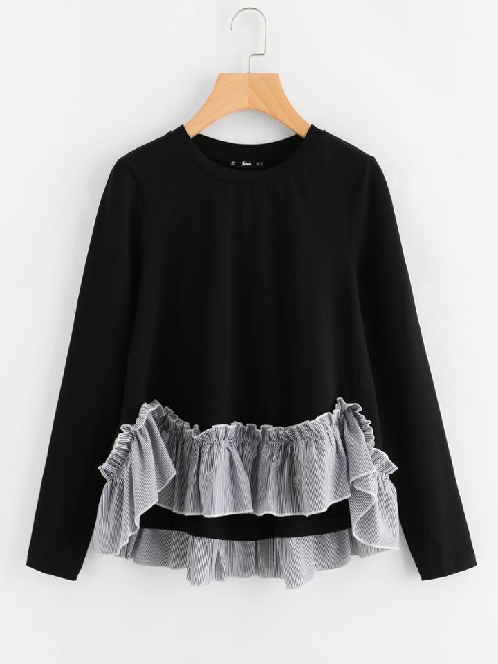 Shein Striped Frill Detail Dip Hem Top