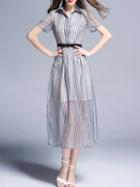 Shein Lapel Striped Belted Sheer Dress