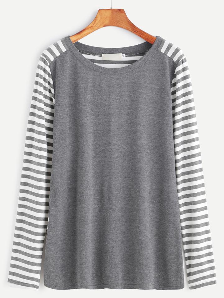 Shein Grey Contrast Stripe Eblow Patch T-shirt