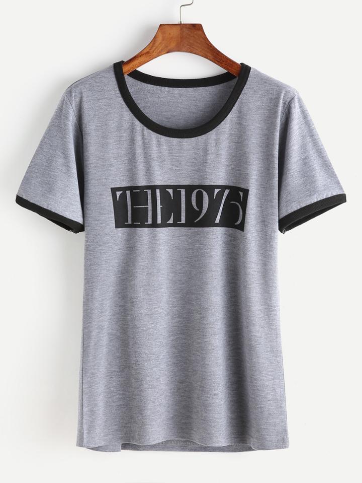 Shein Heather Grey Contrast Trim Letter Print T-shirt