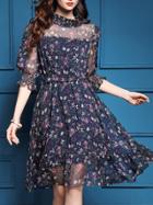 Shein Navy Sheer Floral A-line Dress