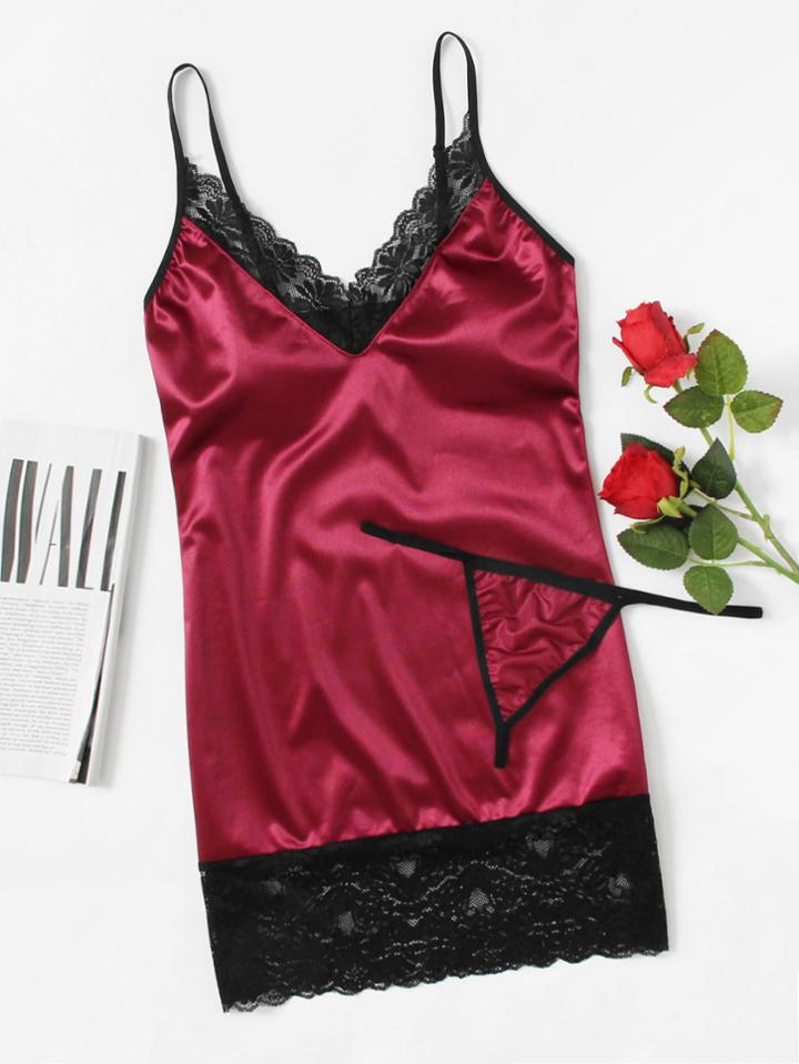 Shein Contrast Lace Panel Slip Dress With T-back Thong