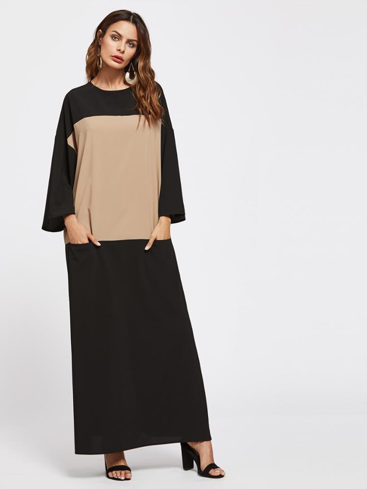 Shein Two Tone Keyhole Back Pocket Front Kaftan Dress