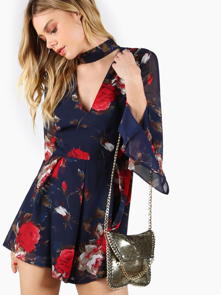 Shein Calico Print Fluted Sleeve Romper With Choker Neck