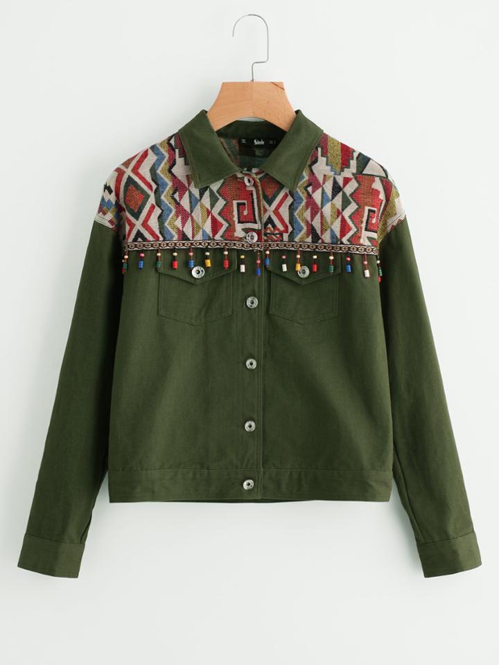 Shein Beading Fringe Trim Jacquard Yoke Jacket