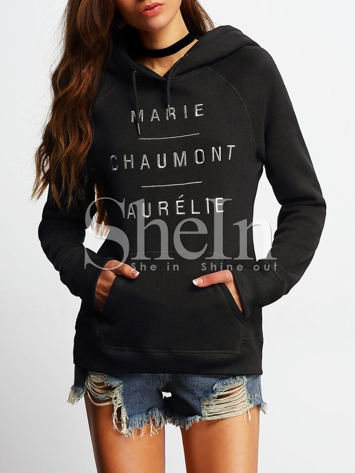 Shein Black Pocket Print Hooded Sweatshirt