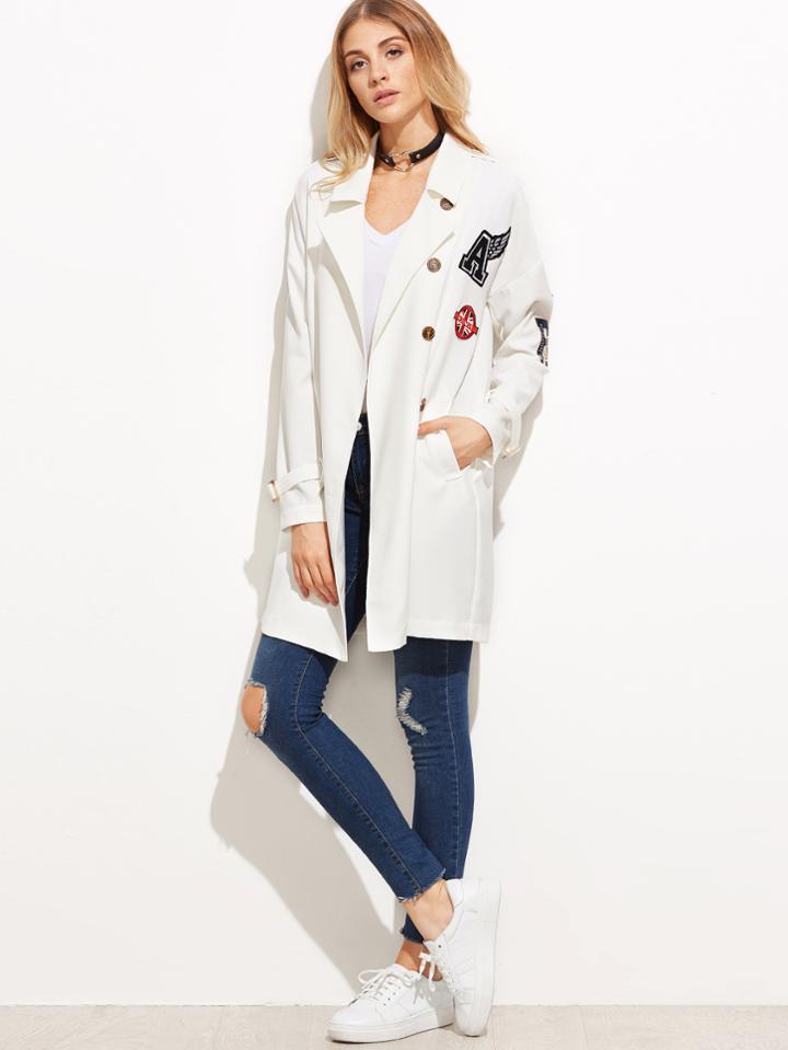 Shein White Lapel Single Breasted Belted Badge Coat