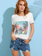 Shein Coconut Tree Print White T-shirt